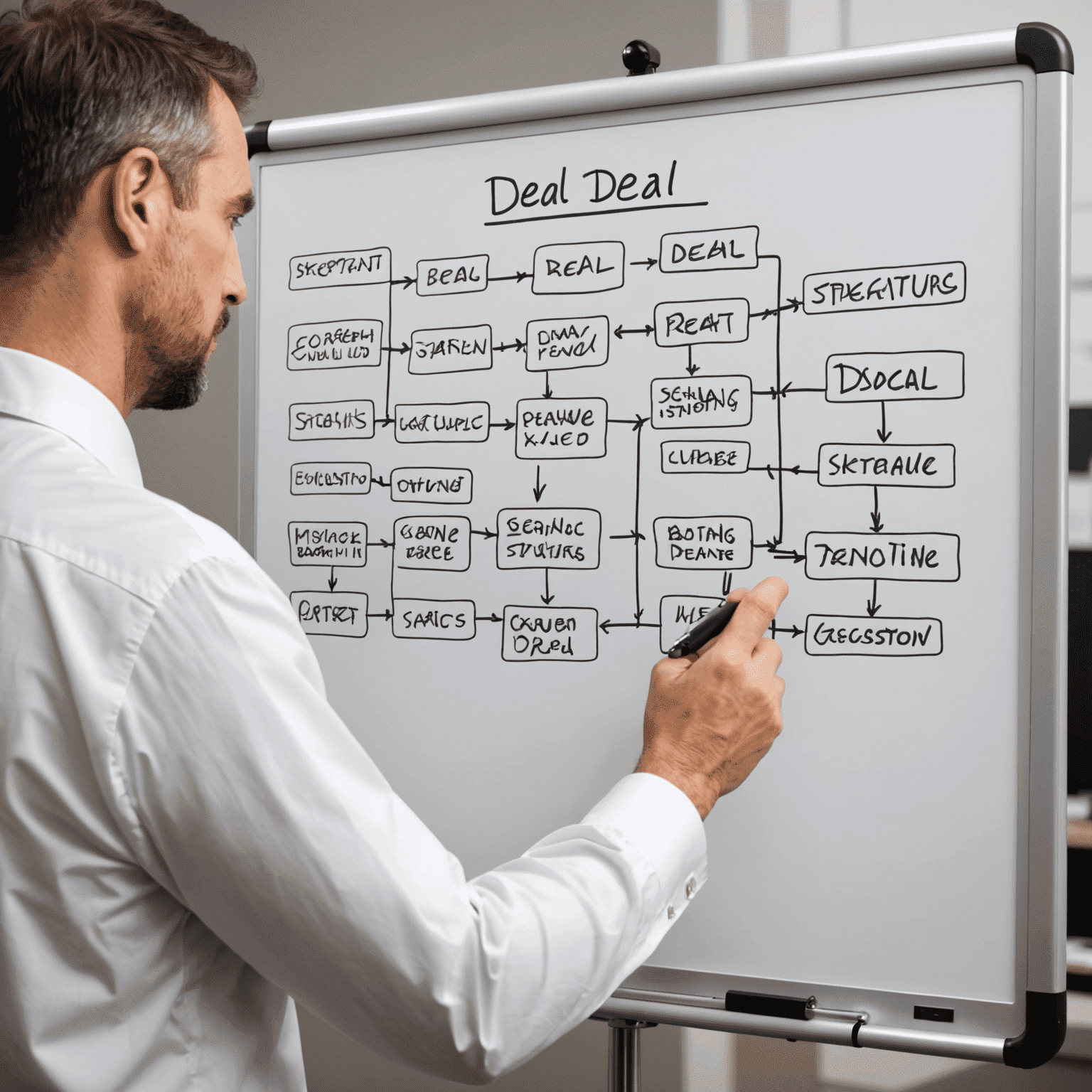 Изображение эксперта, объясняющего структуру сделки на whiteboard